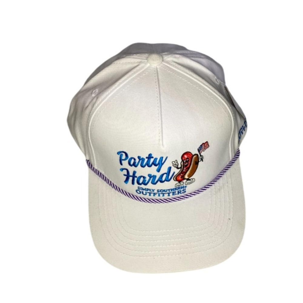 Simply Southern Outfitters Party Hard Hot Dog Baseball Cap White Blue Rope NWT